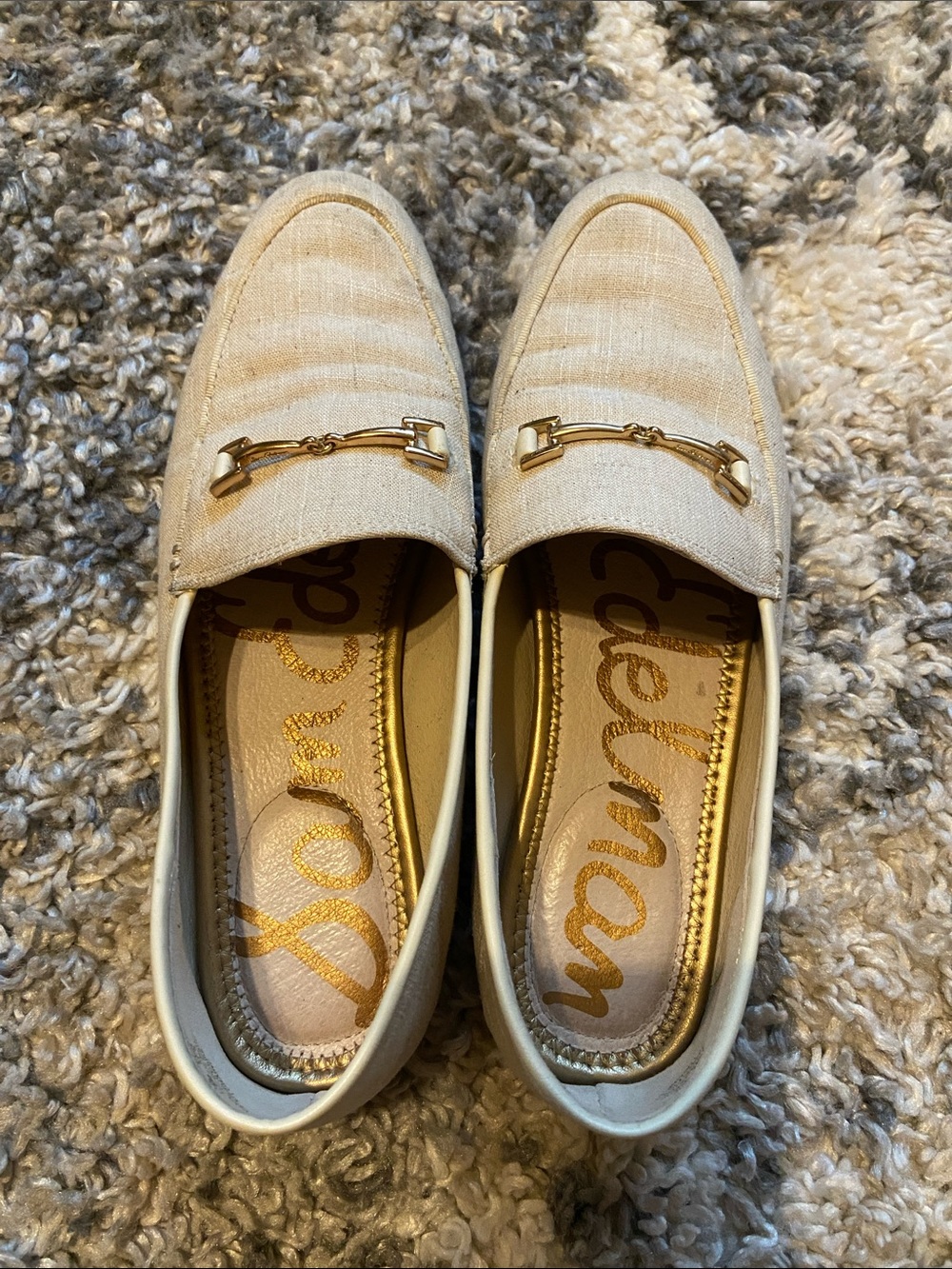 Sam Edelman Cream Linen Horsebit Loafers with Gold Hardware 7.5